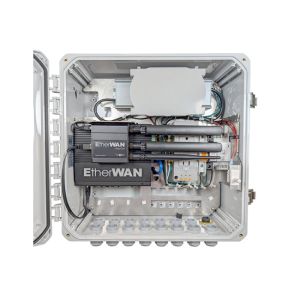 EtherWAN NEMA-4X Polycarbonate Cabinet with Integrated PoE Switch, 5G Router, Power Supply, Circuit Breaker, Surge Suppressor and Cable Management